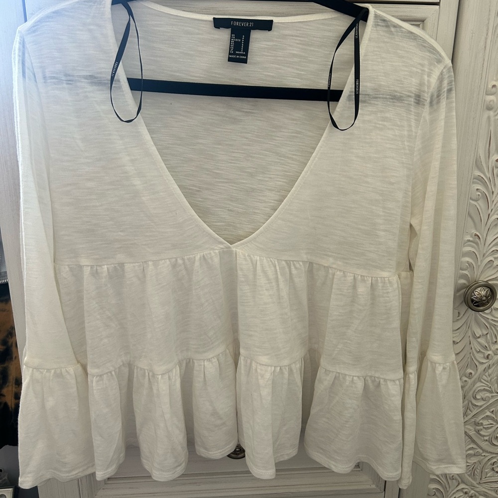 Forever 21 Cream V-Neck Peplum Blouse